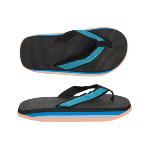 Surfer Joe Thong sandal with classic surfboard design in black and blue.