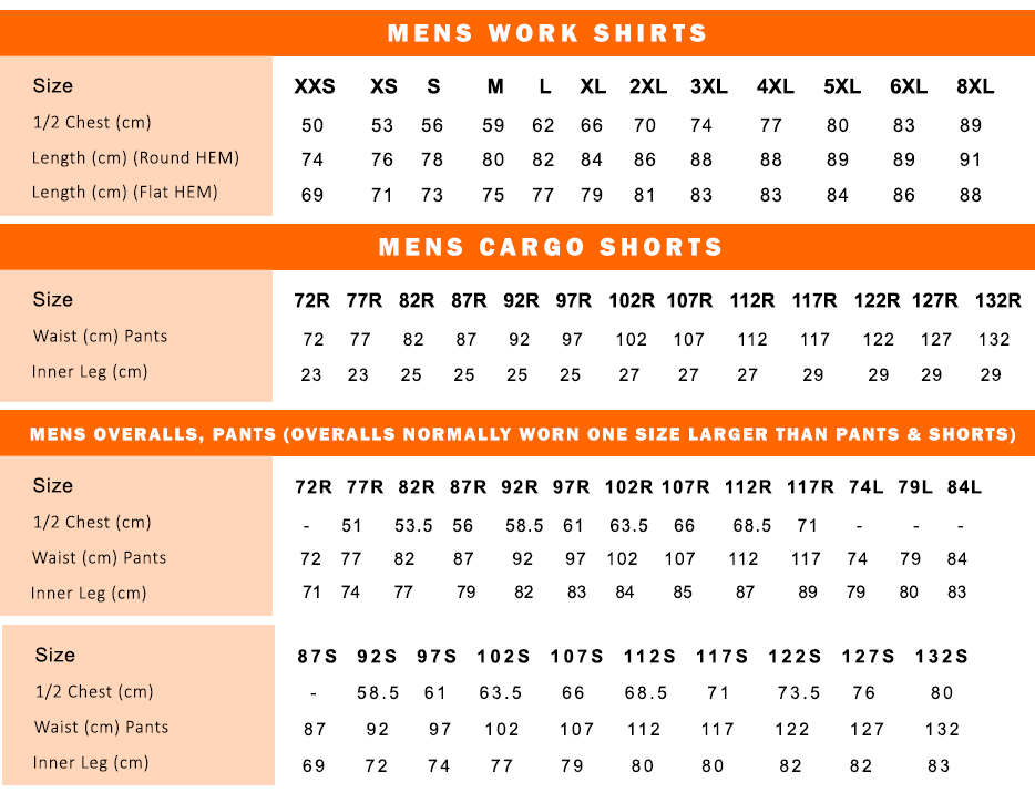 Size Chart - DNC Workwear - workwear, work wear, clothing, winter